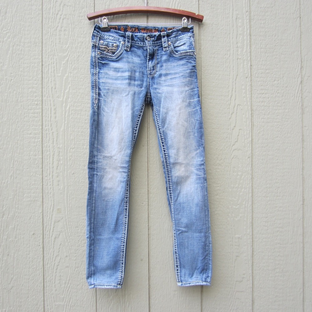 Rock Revival Ysobel Skinny Jeans Womens 27 Light washed Mid Rise Rhinestone Y2K - Picture 2 of 16